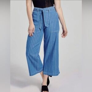 Seven 7 Belted Wide Leg Crop Pants Blue Chambray White Stripes Size 10